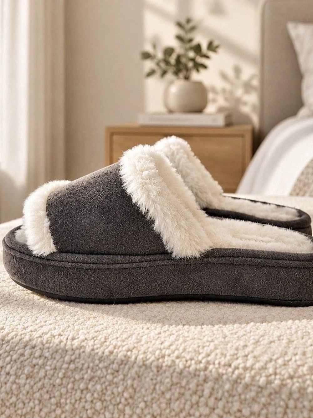 Kooba Memory Foam Women’s Slide Slippers Faux Fur Lined Gray/White Small